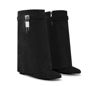 Women Color Fashion Buckled Lock Platform Wedge Boots