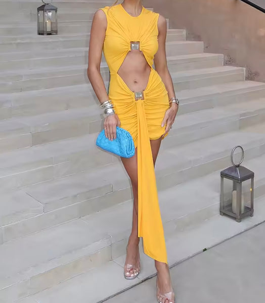 Women Sexy Yellow Sleeveless Cut Out Ruched Tassel Dress