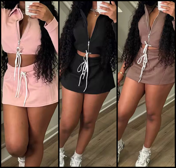 Women Zip Up Drawstring Full Sleeve Two Piece Skirt Set