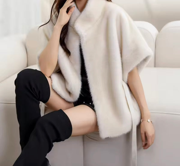 Women Fashion Warm Short Sleeve Faux Fur Belted Jacket