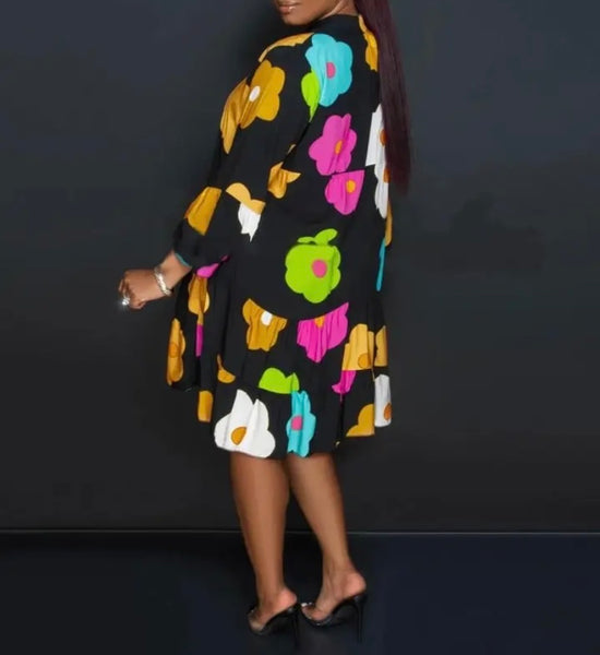 Women Button Up Floral Print Sexy Ruffled Dress