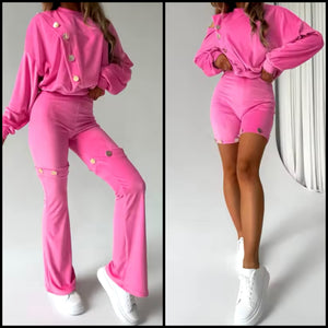 Women Fashion Pink Velour Detachable Two Piece Pant Set