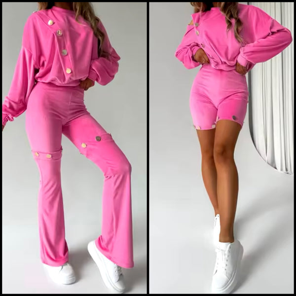 Women Fashion Pink Velour Detachable Two Piece Pant Set