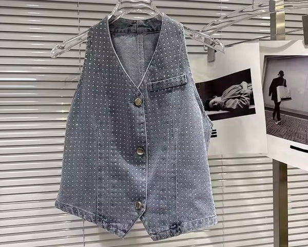 Women Fashion Blue Bling Denim Vest Two Piece Pant Set