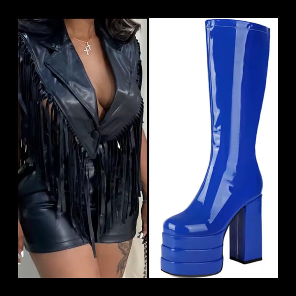 Women Color Platform Patent Leather Fashion High Heel Boots