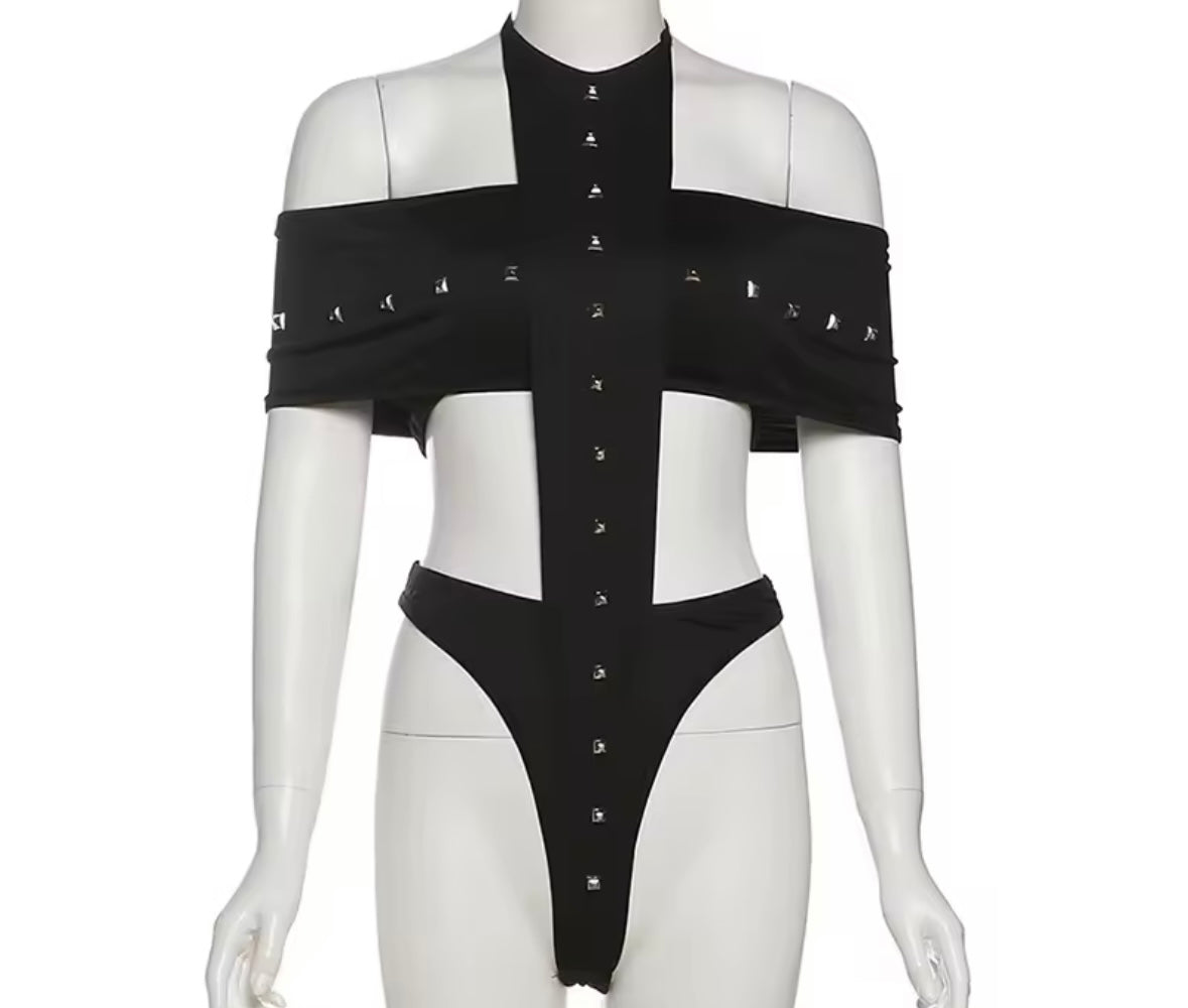 Women Solid Color Rivet Cut Out Sleeveless Bodysuit Top