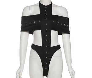 Women Solid Color Rivet Cut Out Sleeveless Bodysuit Top