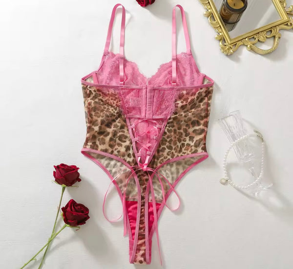 Women Sexy Sleeveless Pink Lace Leopard Bodysuit Lingerie