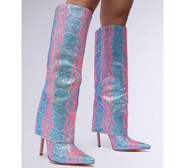 Women Fashion Color Patchwork Animal Print Knee High Boots