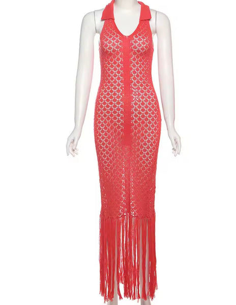 Women Sexy Halter Sleeveless Knitted Tassel Maxi Dress