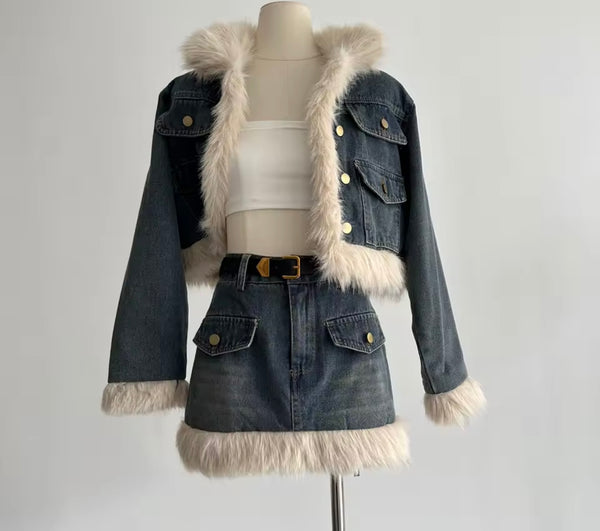 Women Fashion Fur Patchwork Denim Jacket Two Piece Skirt Set
