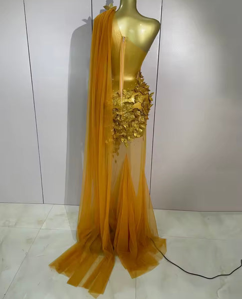 Women Sexy One Shoulder Sleeveless 3D Floral Mesh Maxi Dress