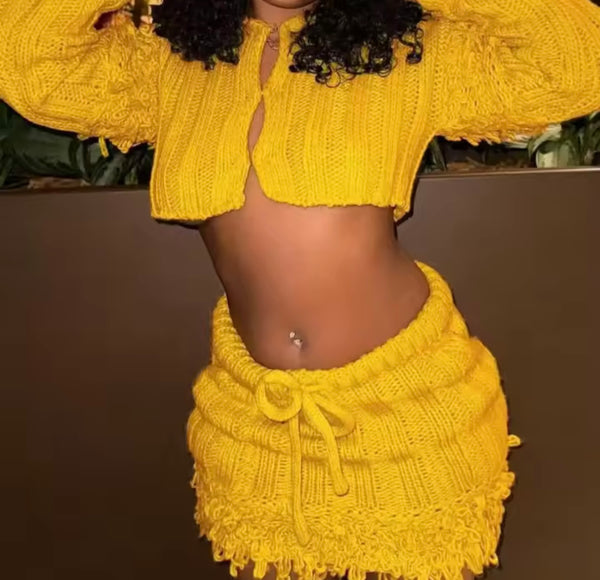 Women Yellow Knitted Fringe Full Sleeve Fashion Two Piece Skirt Set