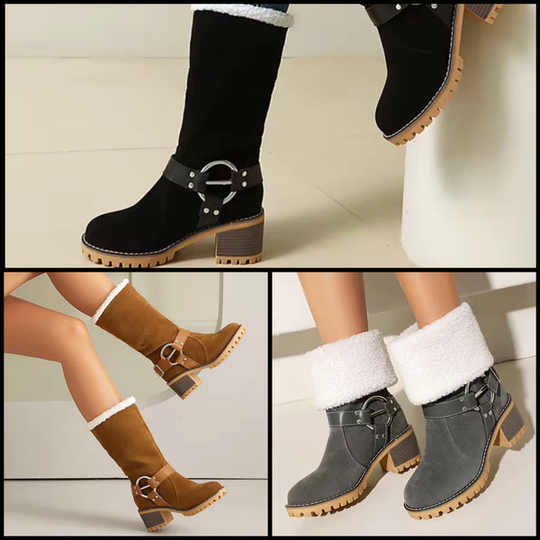 Women Fashion Color Suede Warm Furry Metal Ring Boots