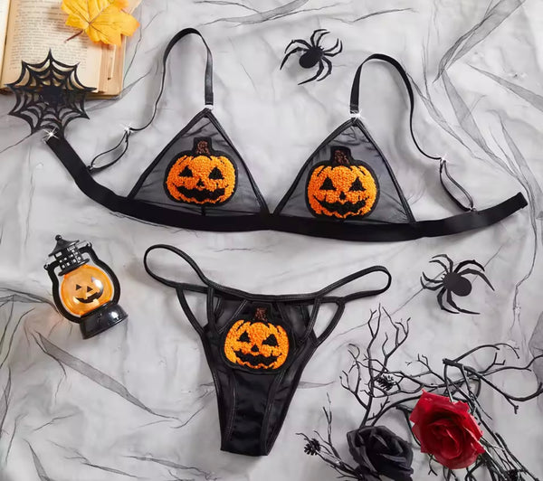 Women Sexy Black Pumpkin Mesh Lingerie Set