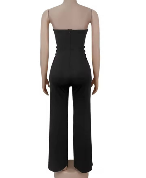 Women Sexy Strapless Black Buckled Jumpsuit