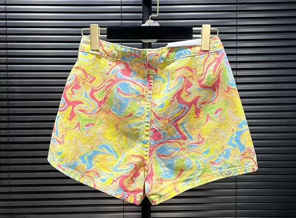 Women Fashion Yellow Printed Denim Shorts