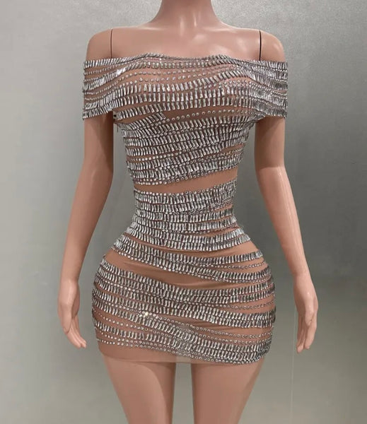 Women Sexy Off The Shoulder Short Sleeve Mesh Bling Dress