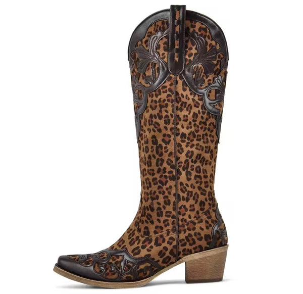 Women Color Patchwork Fashion Knee High Western Boots