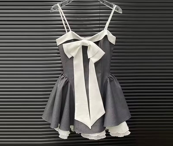 Women Sleeveless Bow Color Patchwork Two Piece Short Set