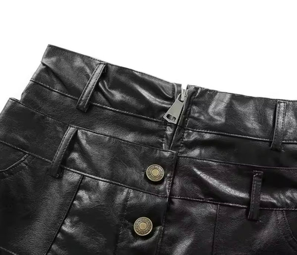 Women Fashion Black Button Up Faux Leather Shorts