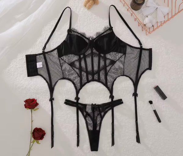 Women Black Sexy Sleeveless Lace Mesh Lingerie Set