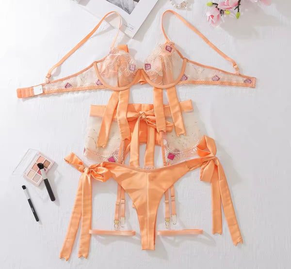 Women Sexy Orange Tie Up Bow Mesh Patchwork Lingerie Set
