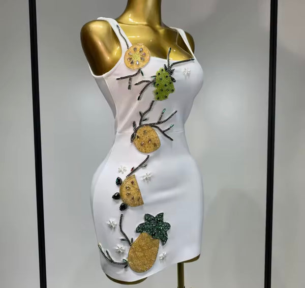Women Sexy White Sleeveless Rhinestone Bandage Dress