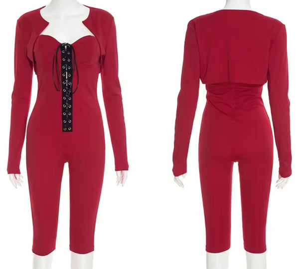 Women Sexy Fashion Lace Up Two Piece Capri Jumpsuit Set