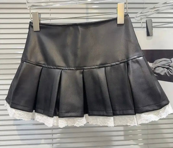 Women Sexy Fashion Faux Leather Lace Patchwork Pleated Skirt