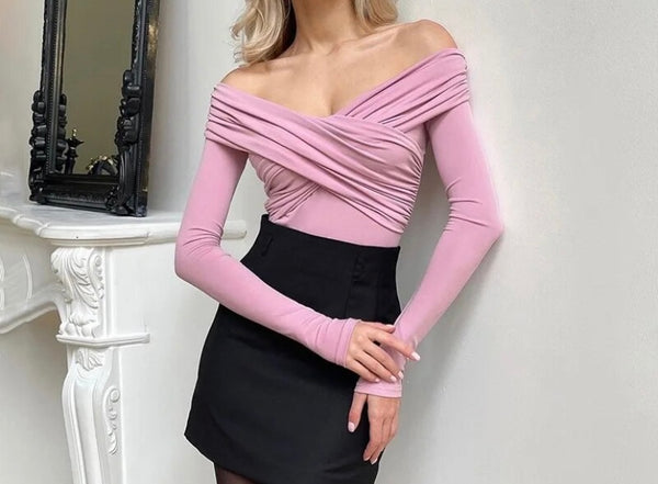 Women Solid Color Off The Shoulder Full Sleeve Fashion Bodysuit Top