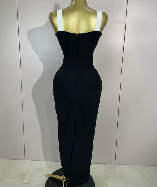 Women Sexy B&W Beaded Bling Sleeveless Maxi Dress