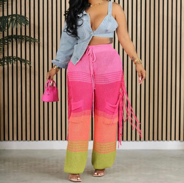 Women Knitted Color Patchwork Fringe Pants