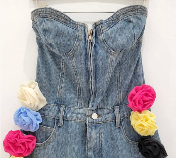 Women Fashion Front Zipper Floral Strapless Denim Romper