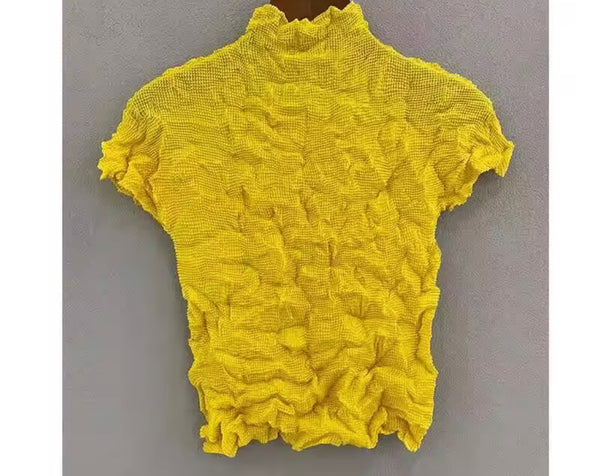 Women Color Short Sleeve Crinkle Fashion Top