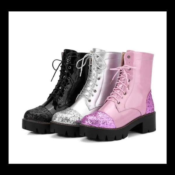 Women Fashion Patent Leather Sequins Patchwork Lace Up Ankle Boots