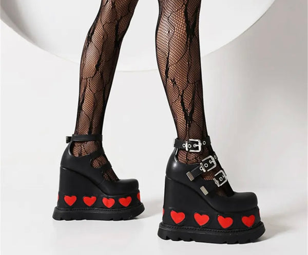 Women Fashion Buckled Heart Platform Shoes