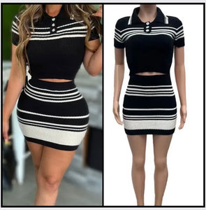 Women Sexy Short Sleeve B&W Striped Two Piece Skirt Set