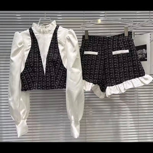 Women Tweed Full Sleeve Fashion Two Piece Ruffled Short Set