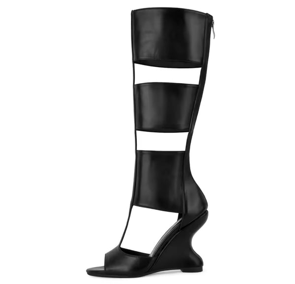 Women Black Fashion Open Toe Cut Out Wedge Knee High Boots