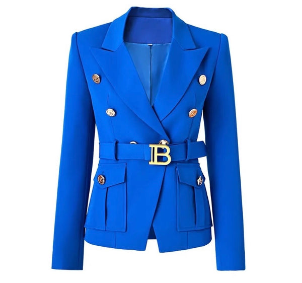 Women Blue Fashion Letter Belted Full Sleeve Blazer Top