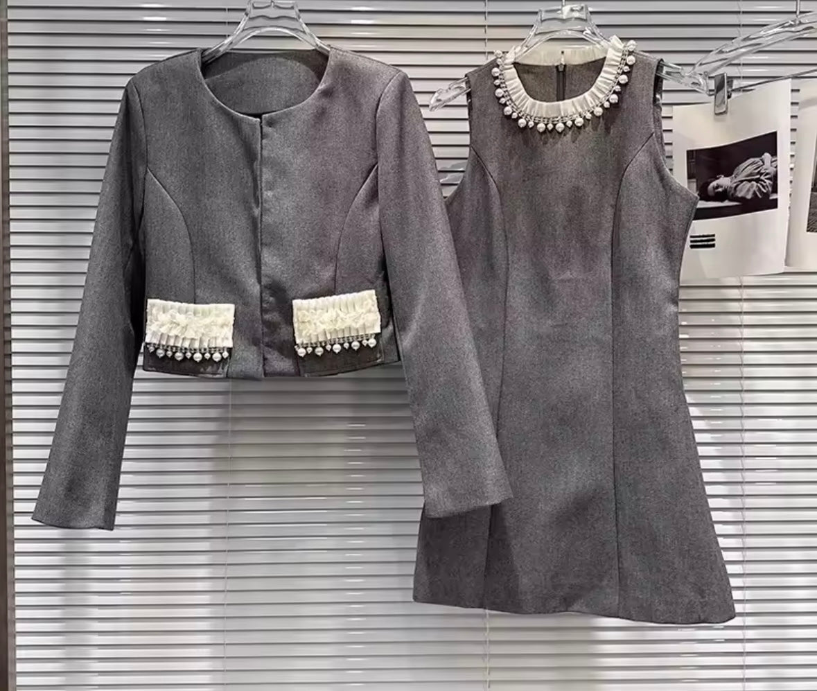 Women Gray Pearl Fashion Blazer Dress Set