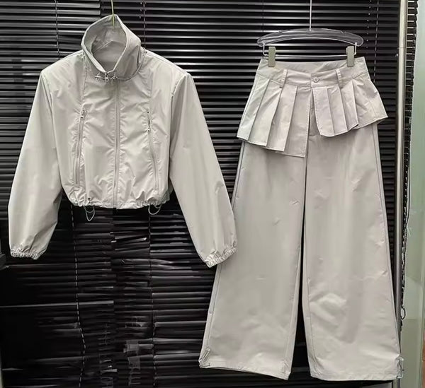 Women Fashion Zip Up Jacket Two Piece Pleated Wrap Pant Set