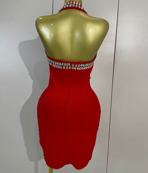 Women Sexy Halter Sleeveless Rhinestone Tassel Dress