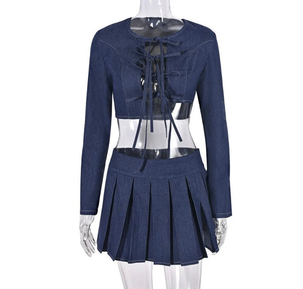 Women Sexy Fashion Denim Full Sleeve Pleated Two Piece Skirt Set