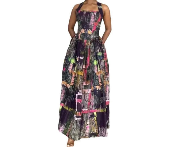 Women Sexy Multicolored Print Halter Sleeveless Maxi Dress