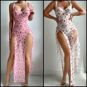 Women Sexy Sleeveless Side Splits Floral Mesh Nightgown
