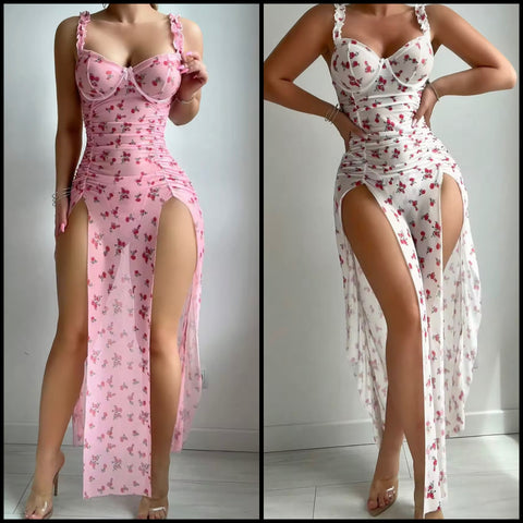 Women Sexy Sleeveless Side Splits Floral Mesh Nightgown