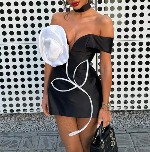 Women Sexy Black Off The Shoulder 3D Floral Print Dress