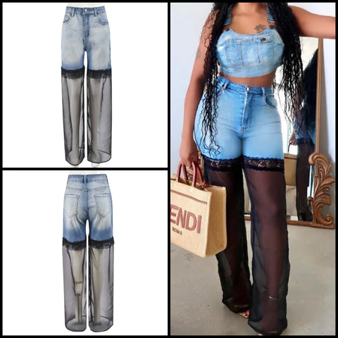 Women Fashion Lace Mesh Patchwork Denim Pants